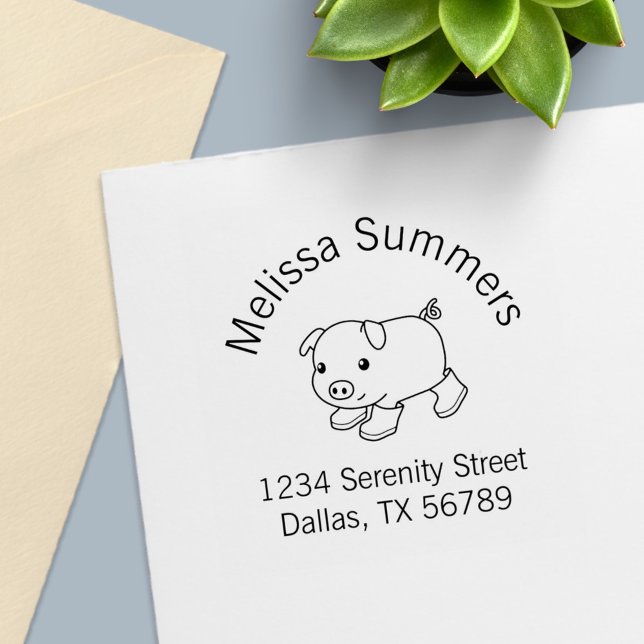 Cute Piglet Pig in Rubber Boots Arch Address Self-inking Stamp (Creator Uploaded)