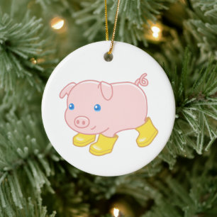 Cute Piglet Pig in Yellow Rubber Boots Ceramic Tree Decoration