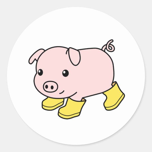 Cute Piglet Pig in Yellow Rubber Boots Classic Round Sticker (Front)