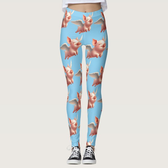 Cute Pigs Flying Blissfully in Sunny Blue Skies Leggings (Front)