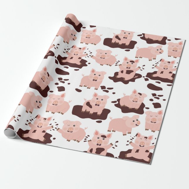 Cute Pigs Playing in Mud Farm Animals Wrapping Paper (Unrolled)