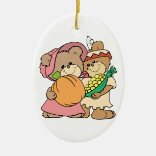 cute pilgrim and indian thanksgiving teddy bears ceramic tree decoration