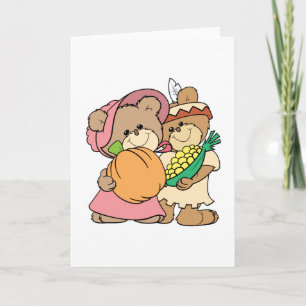 cute pilgrim and indian thanksgiving teddy bears holiday card