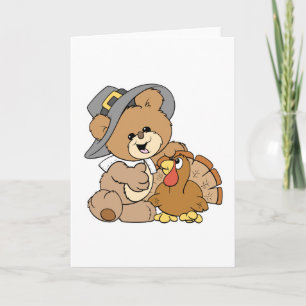 cute pilgrim teddy bear with turkey holiday card