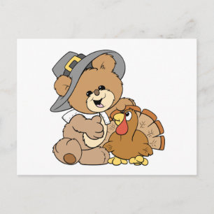 cute pilgrim teddy bear with turkey postcard