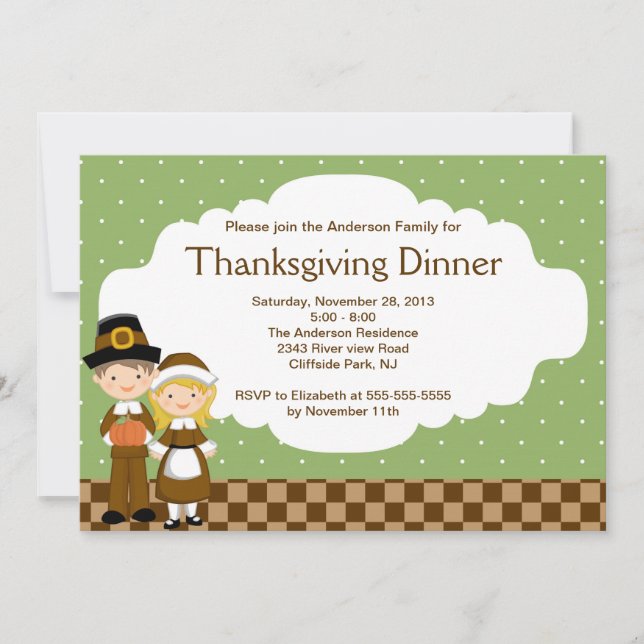 Cute Pilgrim Thanksgiving  Dinner Party Invitation (Front)