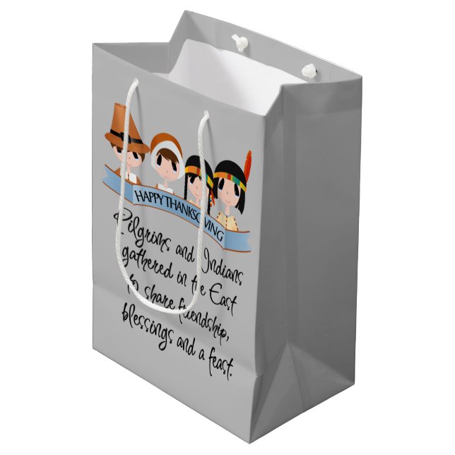 Cute Pilgrims and Indians Thanksgiving party Medium Gift Bag (Front Angled)