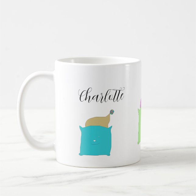 Cute Pillow Cats Illustration Monogrammed Coffee Mug (Left)