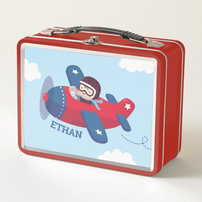 Cute Pilot Boy in Propeller Aeroplane Personalised Metal Lunch Box (Front)