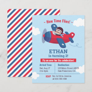 Cute Pilot Propeller Aeroplane Boys Birthday Party Invitation