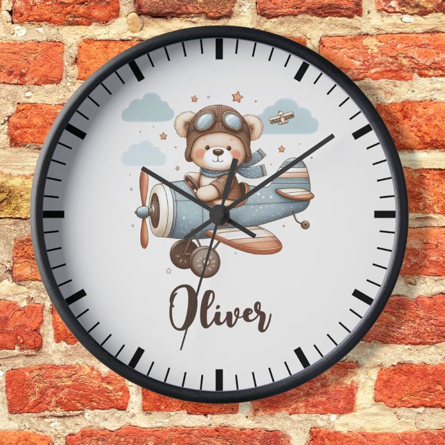 Cute Pilot Teddy Bear Personalised Clock (Creator Uploaded)