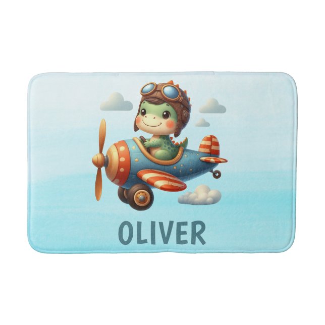 Cute Pilot Trex Dinosaur Flying a Blue Aeroplane Bath Mat (Front)
