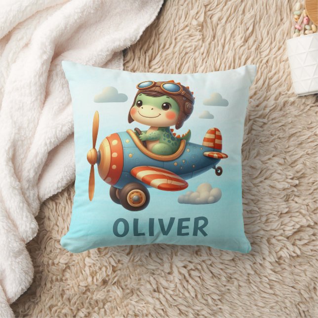Cute Pilot Trex Dinosaur Flying a Blue Aeroplane Cushion (Blanket)