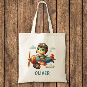 Cute Pilot Trex Dinosaur Flying a Blue Aeroplane Tote Bag