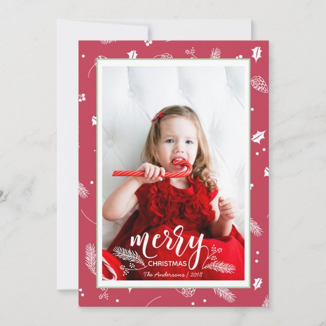 Cute Pine & Holly Christmas Pattern Family Photo Holiday Card (Front)