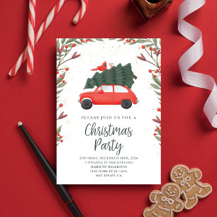 Cute Pine Tree & Red Car Snowy Christmas Party  Invitation
