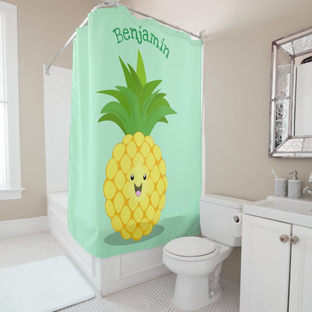 Cute pineapple cartoon illustration shower curtain (In Situ)