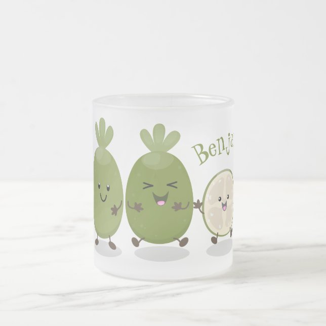 Cute pineapple guava feijoa cartoon illustration frosted glass coffee mug (Center)