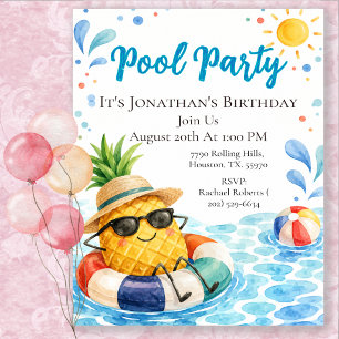 Cute Pineapple Kids Birthday Pool Party Invitation