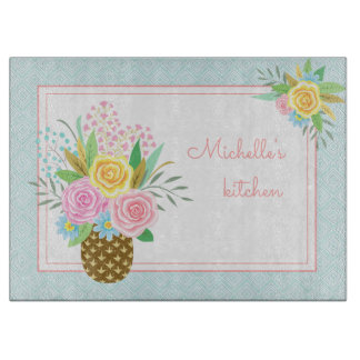Cute Pineapple Roses Bouquet Pink Turquoise Cutting Board