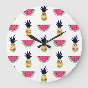 Cute Pineapple & Watermelon Doodle Pattern Large Clock