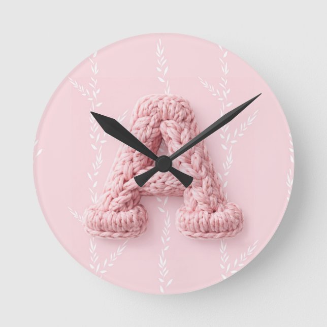 Cute pink A monogram initial crocheted letter boho Round Clock (Front)