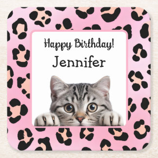Cute Pink Adorable Cat Birthday Paper Coaster