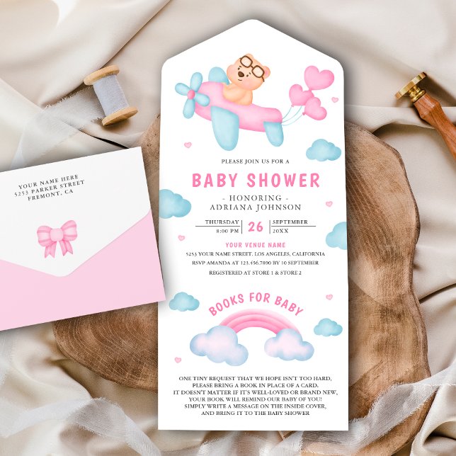 Cute Pink Aeroplane Girl Teddy Bear Baby Shower All In One Invitation (Creator Uploaded)