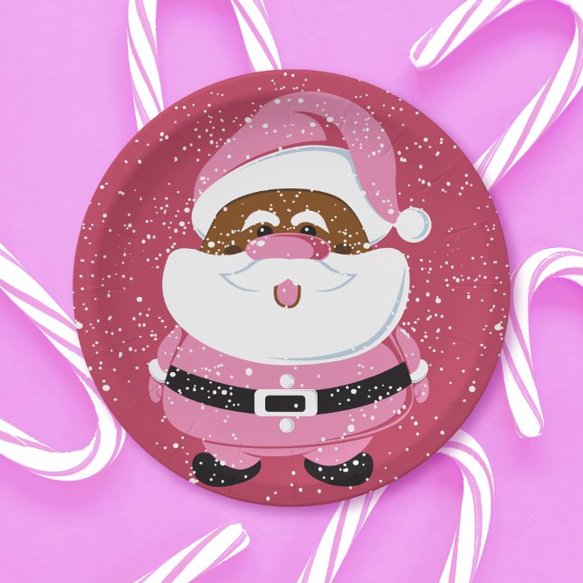 Cute pink African American Santa Claus Christmas Paper Plate (Creator Uploaded)