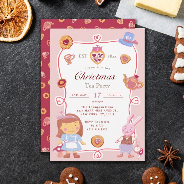 Cute Pink Alice in Wonderland Christmas Tea Party Invitation (Creator Uploaded)