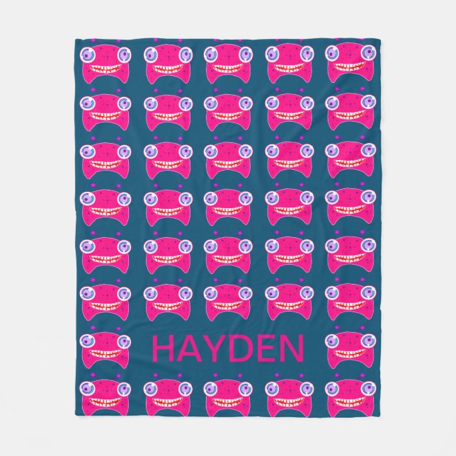 Cute Pink Alien Monsters Pattern Blue Personalised Fleece Blanket (Front)