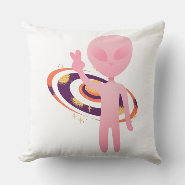 Cute Pink Alien Peace Sign Galaxy Vector Cushion (Front)