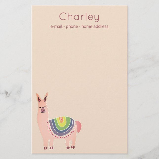 Cute pink alpaca drawing with multi colour blanket stationery (Front)