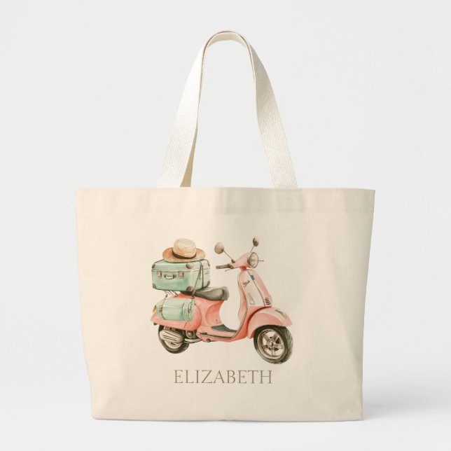 Cute Pink and Aqua Coastal Scooter Large Tote Bag (Front)