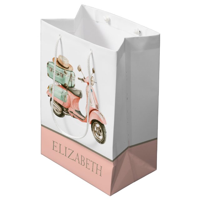 Cute Pink and Aqua Coastal Scooter Medium Gift Bag (Front Angled)