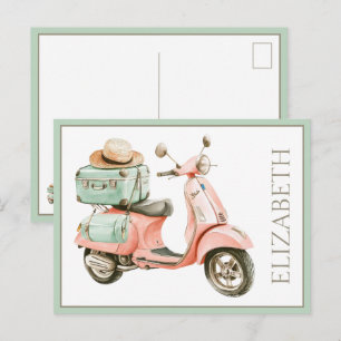 Cute Pink and Aqua Coastal Scooter Postcard