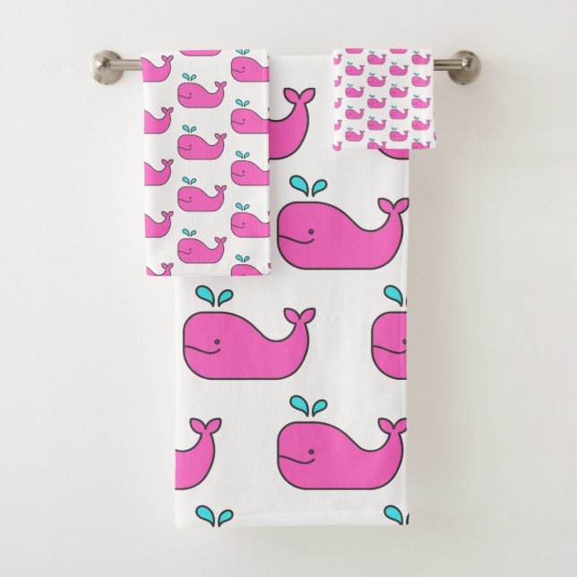 Cute Pink and Aqua Whales Bath Towel Set (Insitu)