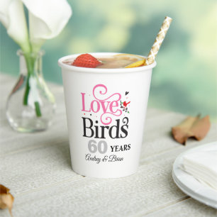 Cute Pink and Black Anniversary Love Birds Paper Cups