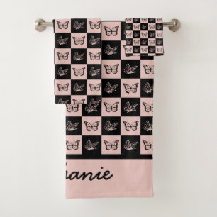 Cute Pink and black butterfly pattern personalised Bath Towel Set