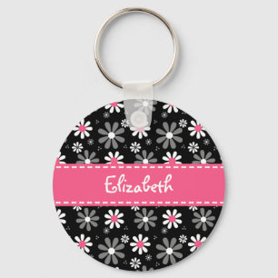 Cute Pink and Black Girly Mod Daisies With Name Key Ring