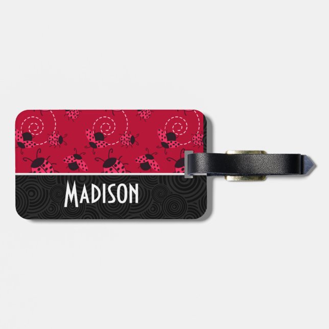 Cute Pink and Black Ladybug Luggage Tag (Back Horizontal)