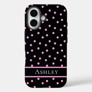 Cute Pink and Black Polka Dot Personalized Name iPhone 16 Case