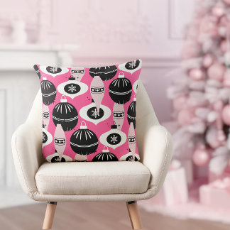 Cute Pink And Black Retro Merry Christmas  Cushion