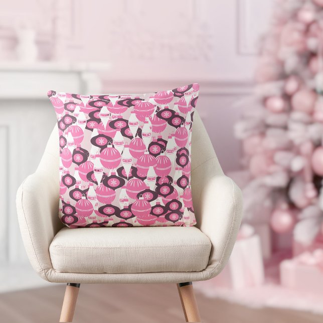 Cute Pink And Black Retro Merry Christmas  Cushion (pretty pink and black festive merry Christmas throw pillow)
