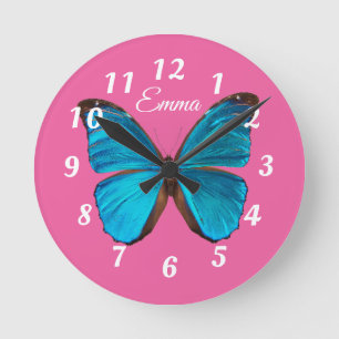 Cute Pink and Blue Butterfly Personalised Round Clock