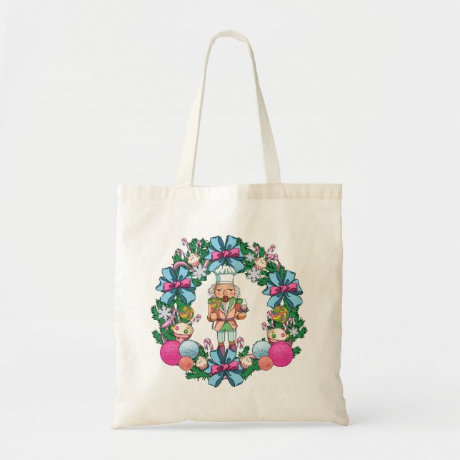Cute Pink And Blue Christmas Nutcracker Wreath Tote Bag (Front)