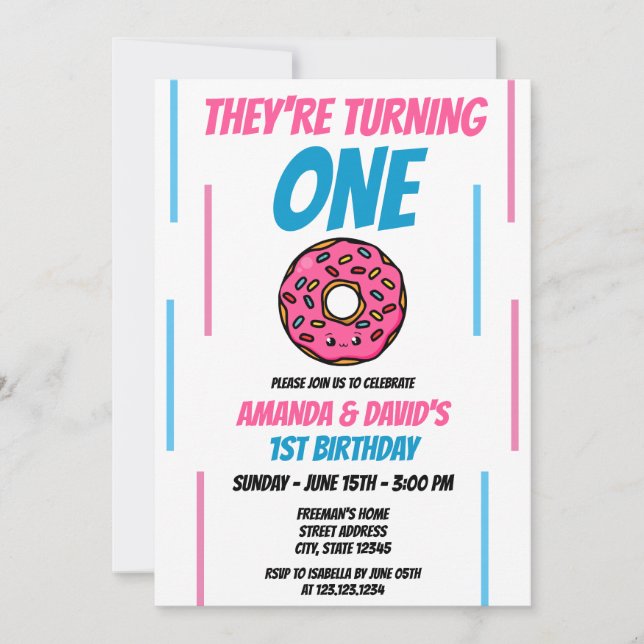 Cute Pink and Blue Doughnut Twin Joint 1st Birthda Invitation (Front)