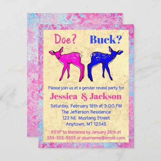 Cute Pink and Blue Fawns Gender Reveal Invitation (Front/Back)