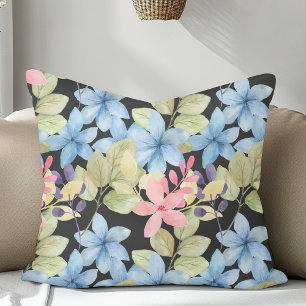 Cute Pink and Blue Floral Watercolor Black Cushion