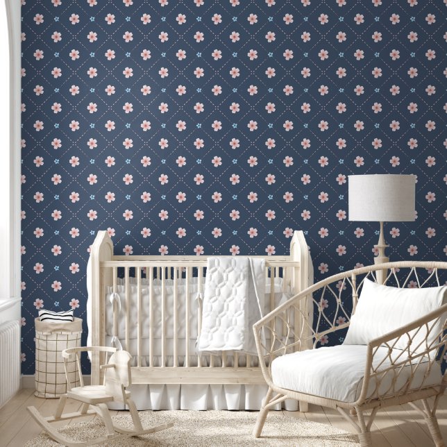 Cute Pink And Blue Flower Plaid On Blue-Grey Wallpaper (Kids)